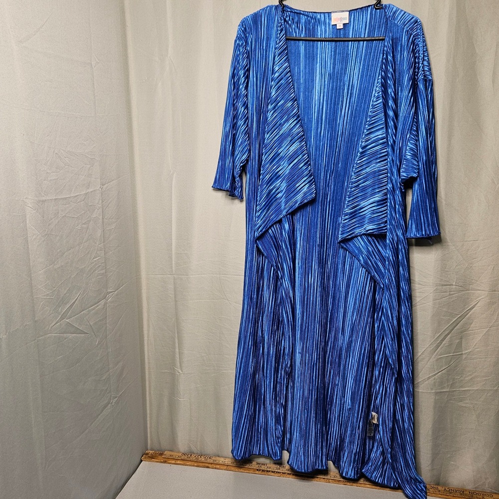 LuLaRoe Joy Duster Vest Womens Medium Blue Plisse Pleated Longline Open Front
